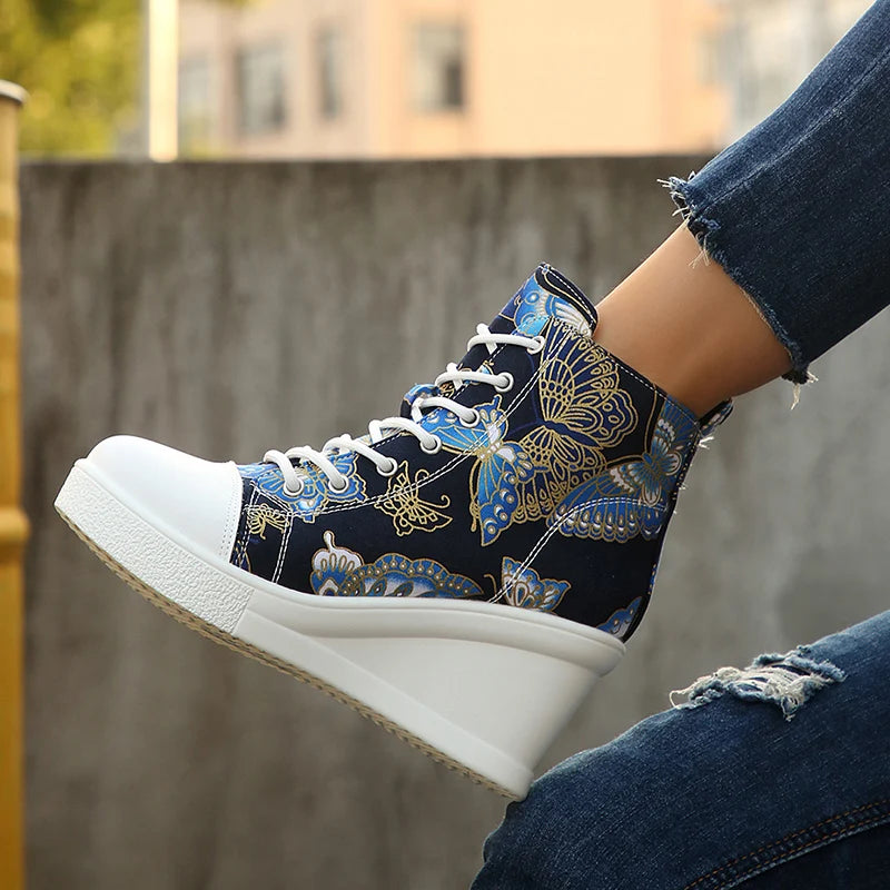 Fashion Butterfly Print Wedge Sneakers for Women Lightweight High Top Canvas Shoes Woman Comfort Lace Up Casual Walking Shoes