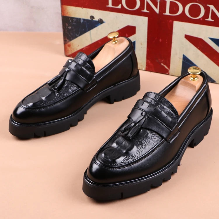 Korean style mens casual business wedding formal dress soft leather shoes slip on tassels shoe black tide platform loafers male