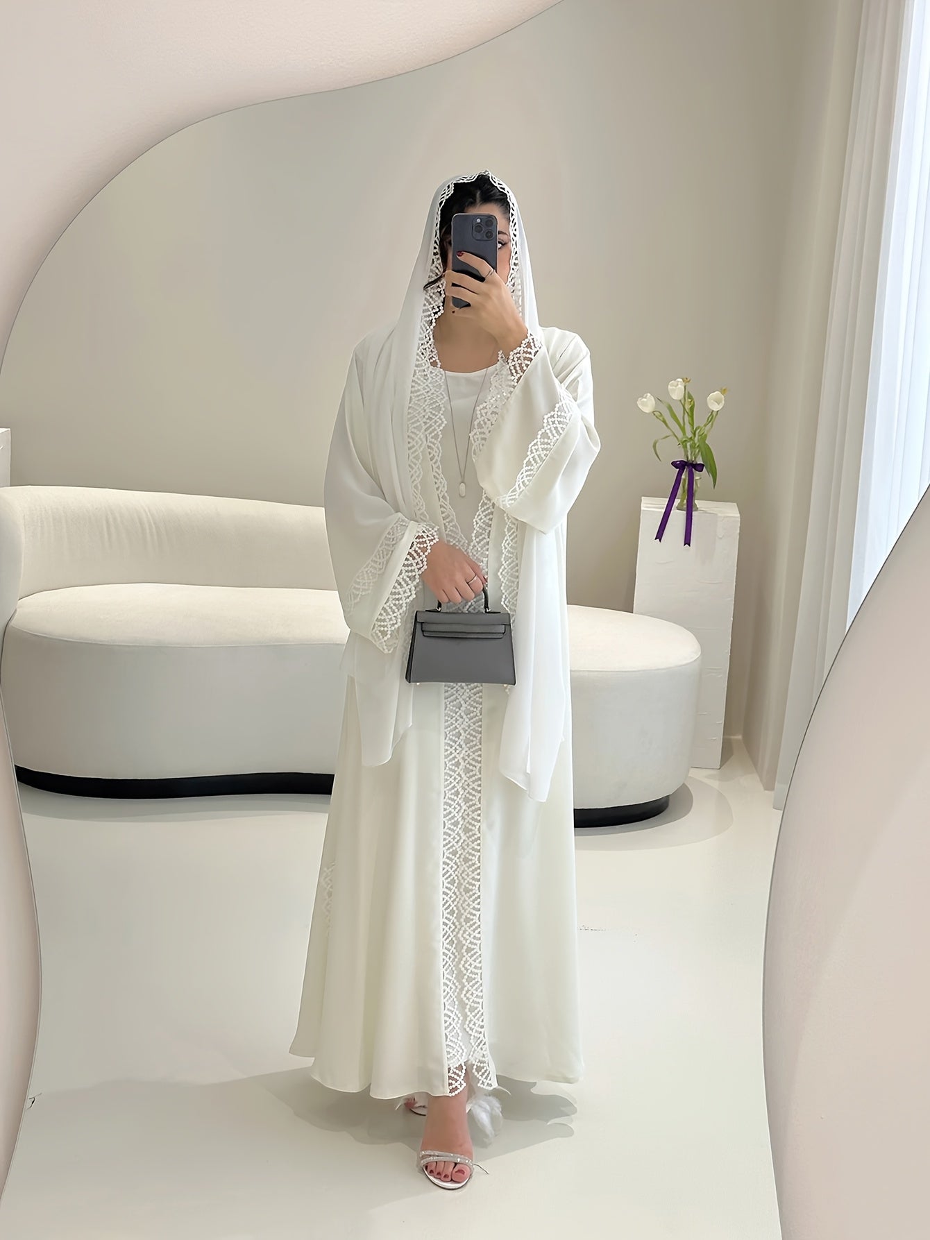 2pcs Elegant Traditional Abaya with Lace Trim and Sleeveless Vest Skirt Set, Headscarf, Long Sleeve, Solid Color, All-Season Wear, No Belt, for Ramadan, Cultural Attire|Elegant Abaya|Lace Trim Abaya, Gulf Abaya For Women Eleg