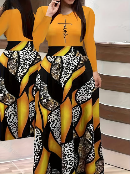 & Geo Print Dress, Casual Long Sleeve Ruffle Hem Slim Maxi Dress, Women's Clothing