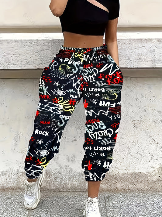 Women's Casual Letter Print Joggers - Comfy Stretch Waist, Elastic Cuff Pants with Pockets, Machine Washable - Perfect for Spring/Fall, European And American Style, Elastic Waist, Long Pants