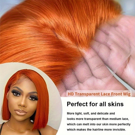 Ginger Orange 13x4 Lace Front Bob Wig Human Hair Hair Pre-Plucked With Baby Hair Straight Hair Ginger Short Bob Wig For Glueless Wigs Orange Bob Wig With Baby Hair 350# Colored Natural Hairline Easy To Style