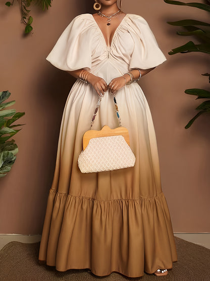 [Elegant Maxi Dress] Elegant Gradient Maxi Dress | Women's Deep V-Neck Lantern Sleeve A-Line Loose Fit with Zipper Back, Machine Washable for Vacation, Beach, Formal & Casual Occasions