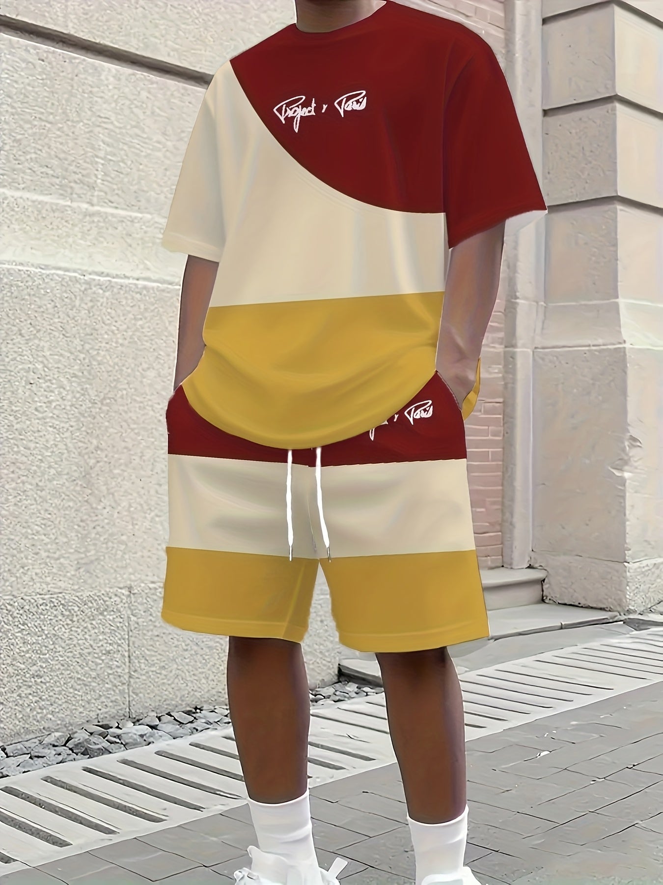 1 set of 2pcs 3D letter print stylish three-color Men's summer fresh T-shirt and shorts set, made from stretchy polyester knit fabric, regular fit, suitable for outdoor activities and family gatherings