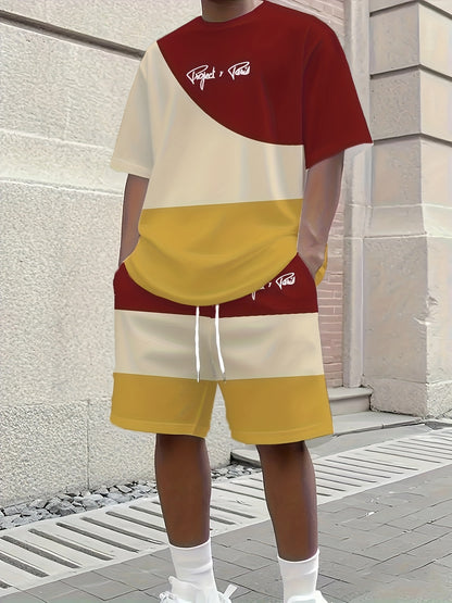 1 set of 2pcs 3D letter print stylish three-color Men's summer fresh T-shirt and shorts set, made from stretchy polyester knit fabric, regular fit, suitable for outdoor activities and family gatherings