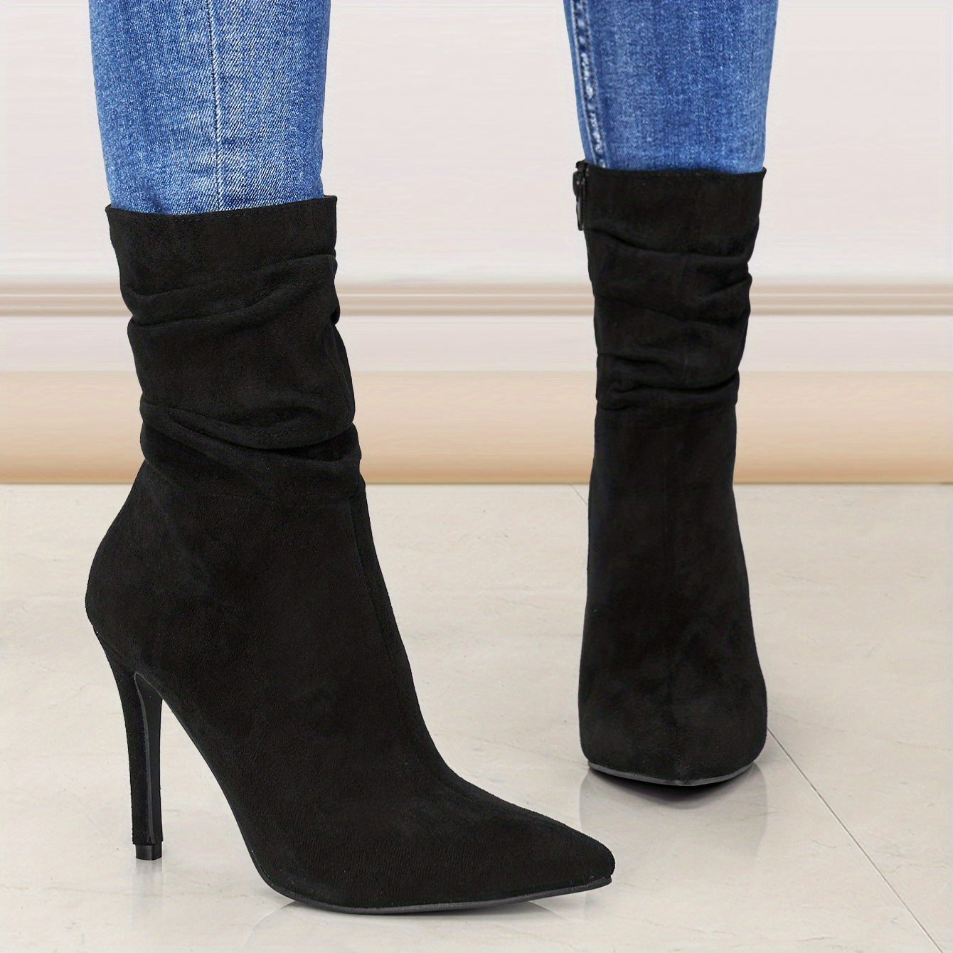 Women's Mid-Calf Boots, Plain Fashionable Boots with Zipper for Comfort and Casual Wear, Round Toe in the Middle of Calf
