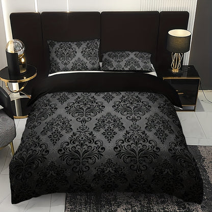 3pcs Black and Gray Floral Pattern Duvet Cover Set - 1 Duvet Cover + 2 Pillowcases, High-Definition Print, Polyester, All-Season Comfort, Machine Washable, Ideal for Home and Dorm Use, Dorm Room Essentials|Floral Pattern Bedd