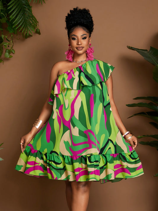 Plus Size Women's Summer One-Shoulder Ruffled Sleeve Tropical Leaf Print Dress - Lightweight Breathable Machine Washable Resort Vacation Dress for Beach Outings & Casual Elegance