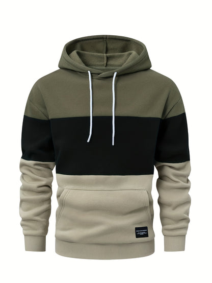 Men's Casual Color Block Hoodie - Soft Polyester, Long Sleeve with Kangaroo Pocket, Drawstring Hood, Ideal for Fall/Winter Streetwear, Casual Streetwear|Hooded Sweatshirt|Polyester Hoodie, Sweater Hoodie
