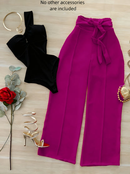 2pcs Set: White One-Shoulder Cinched Waist Bodysuit + Red Wide-Leg Pants with Tie | Elegant Solid Color, Sleeveless, Lace-Up Detail, Regular Fit for Spring/Summer