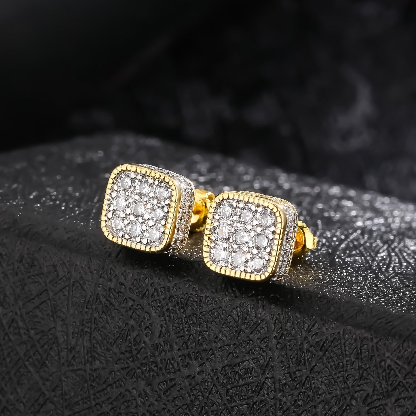 Golden Micro Pave Cubic Zircon Hip Hop Geometry Square Stud Earrings - Iced Out Bling Fashion Jewelry with Geometric Design, Square Shape, and Durable Construction - Perfect for Everyday Wear and Special Occasions