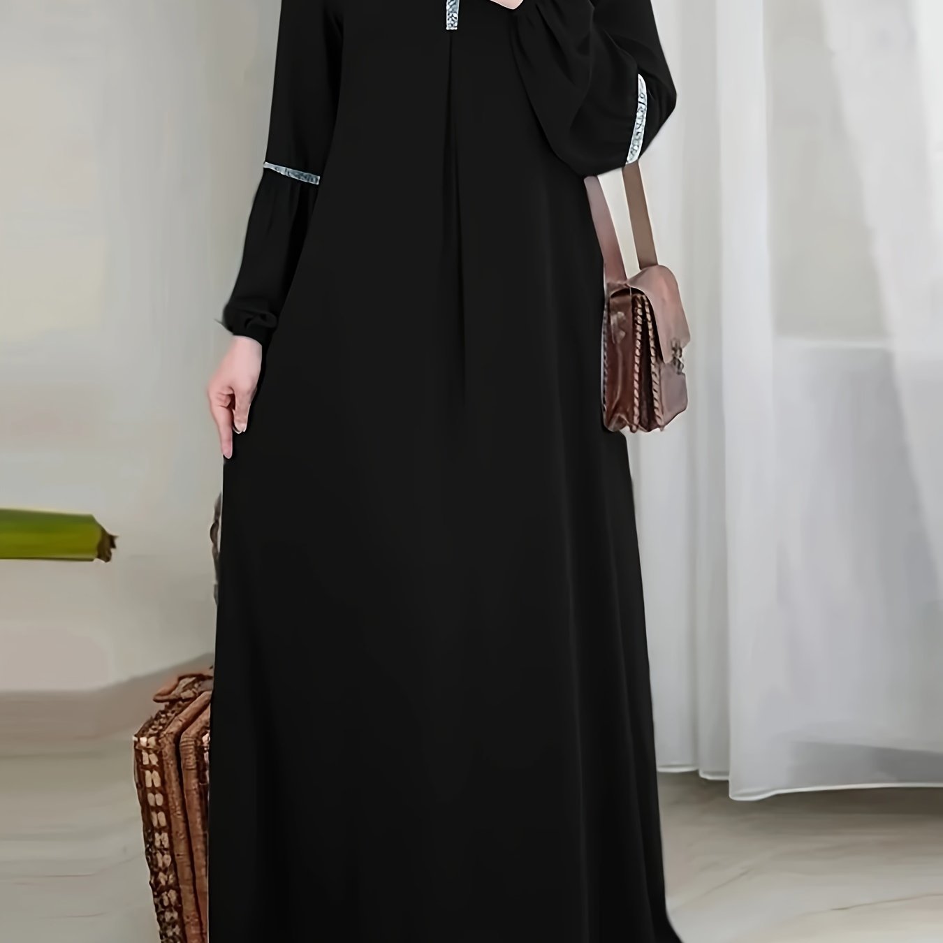 [Sequined Abaya] Sequined Long Sleeve Muslim Abaya | Middle Eastern Solid Color Casual Dress
