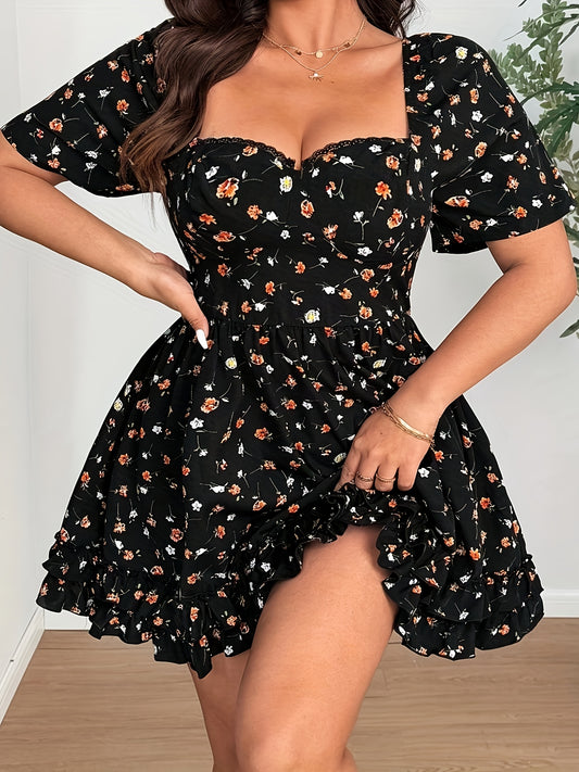 Women'S Plus Size Short Sleeve Floral Dress - Black with Orange & White Flowers, Square Neck, Ruffled Hem, Non-Stretch Fabric, Perfect for Summer Vacations, Casual Floral Dress | Elegant Floral Design | Ruffled Hem Dress