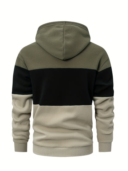 Men's Casual Color Block Hoodie - Soft Polyester, Long Sleeve with Kangaroo Pocket, Drawstring Hood, Ideal for Fall/Winter Streetwear, Casual Streetwear|Hooded Sweatshirt|Polyester Hoodie, Sweater Hoodie