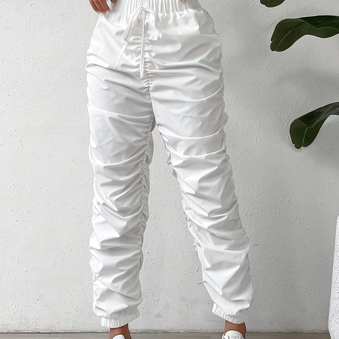 Elegant Full-Length Wrinkle/pleated Hem Pants - Solid Color Smooth Non-Stretch Leg for Dress Pants, Spring/Summer Casual & Dress Wear, Machine Washable Regular Fit Trousers