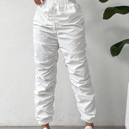 Elegant Full-Length Wrinkle/pleated Hem Pants - Solid Color Smooth Non-Stretch Leg for Dress Pants, Spring/Summer Casual & Dress Wear, Machine Washable Regular Fit Trousers