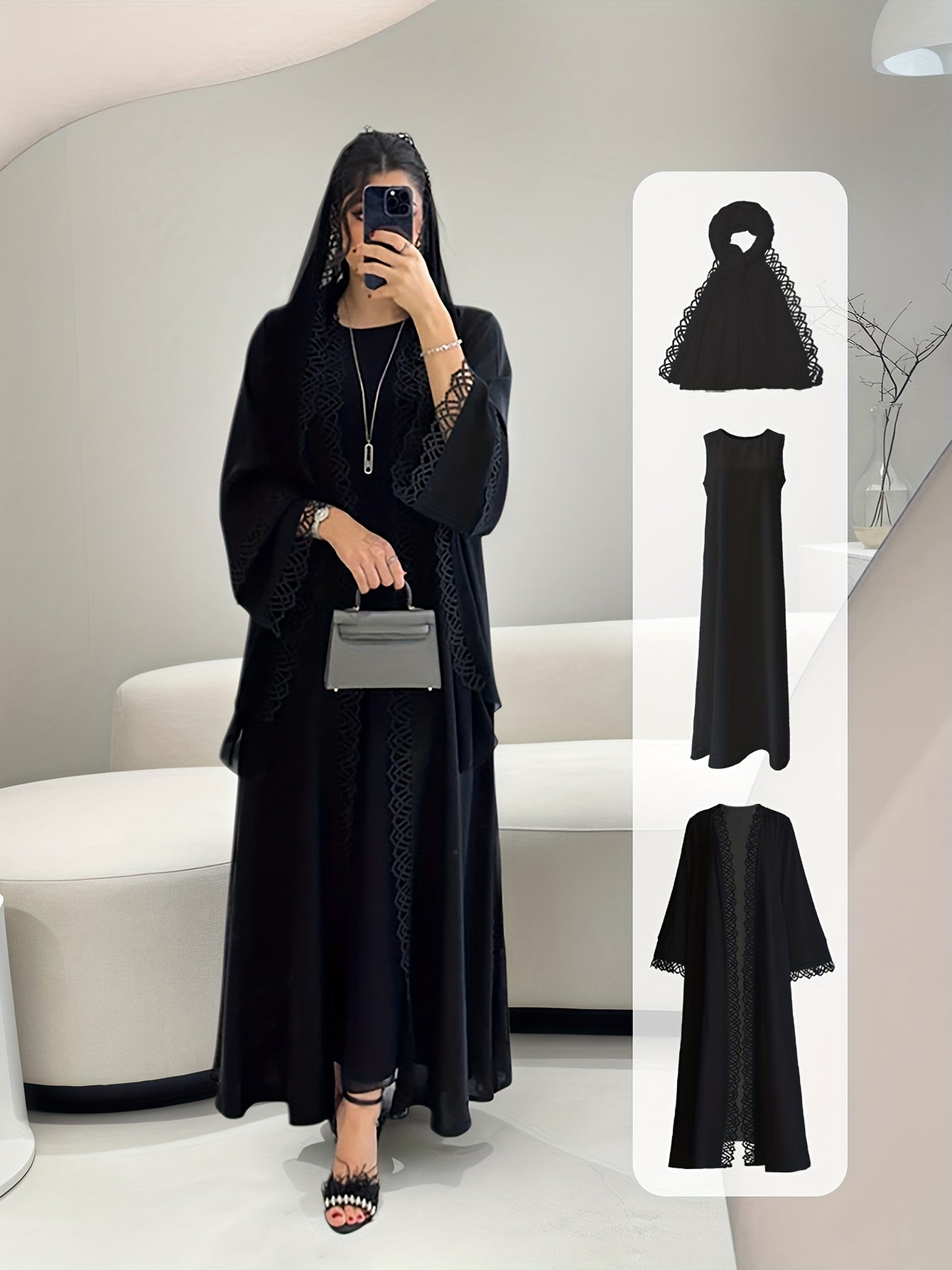 2pcs Elegant Traditional Abaya with Lace Trim and Sleeveless Vest Skirt Set, Headscarf, Long Sleeve, Solid Color, All-Season Wear, No Belt, for Ramadan, Cultural Attire|Elegant Abaya|Lace Trim Abaya, Gulf Abaya For Women Eleg