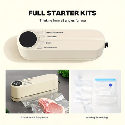 [Kolzp food vacuum sealer] Compact USB Rechargeable Vacuum Sealer Kit | Digital Display, Quick Sealing, Includes Pump & Airtight Bags | Food Preservation for Meat, Fruits, Vegetables | Space-Saving Design, Ideal Christmas Gif