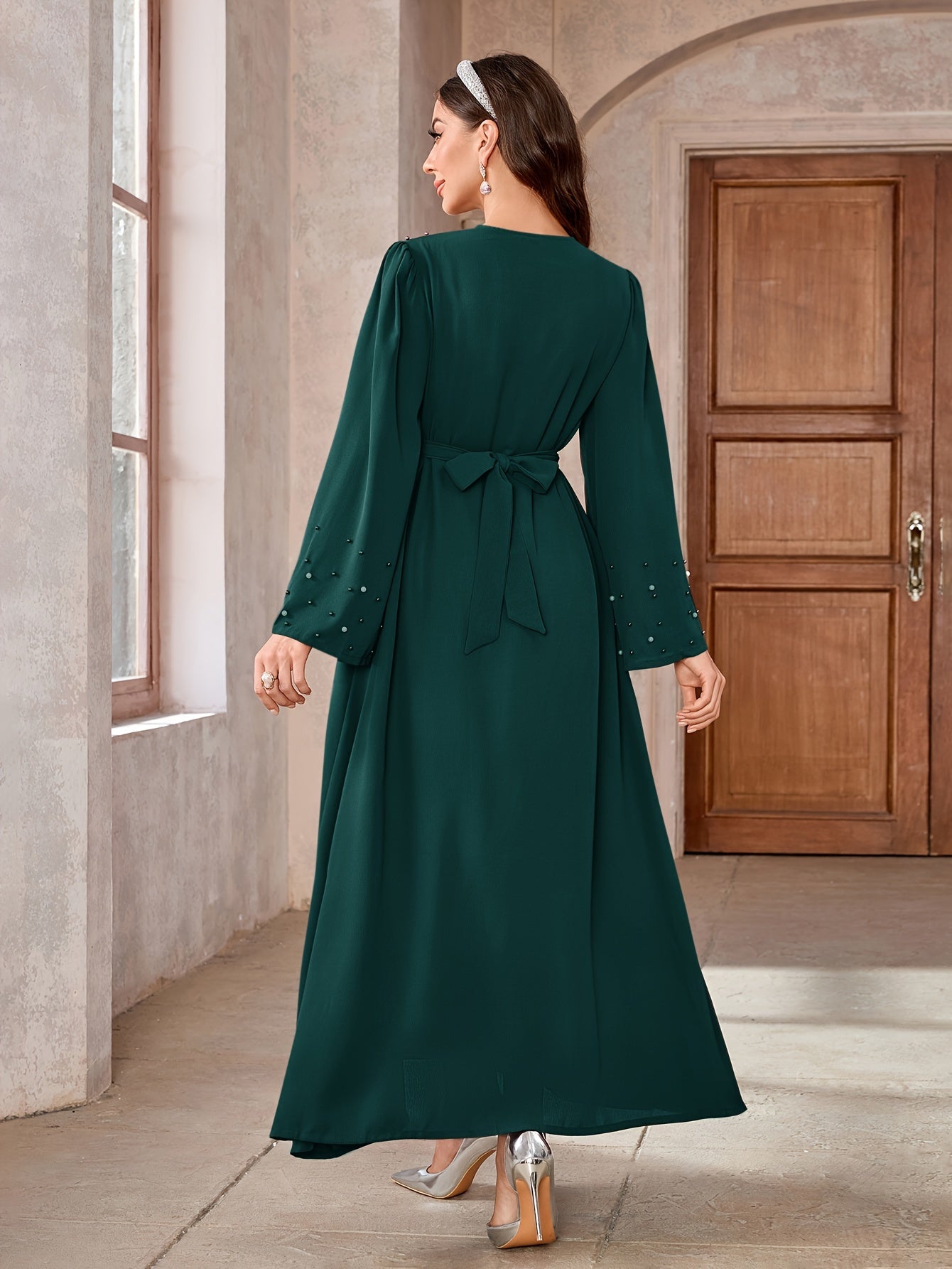 Elegant Navy Blue Abaya with Pearl Embellishments and Belt - Long Sleeve, Floor-Length Dress for Women, Perfect for Formal Occasions, Formal Attire|Elegant Abaya|Pearl Embellishments