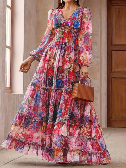 Women's Elegant Maxi Floral Print Chiffon Dress, V-Neck & Puff Sleeves, A-Line Long Formal/semi-formal gown, Pastel Pink, Blue, Green, Red, Purple, Orange, Yellow, White, Machine Washable, Spring/Summer/Fall Events, Parties,