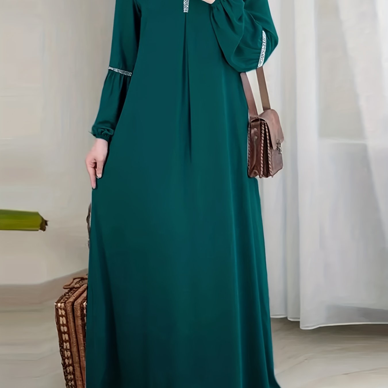 [Sequined Abaya] Sequined Long Sleeve Muslim Abaya | Middle Eastern Solid Color Casual Dress