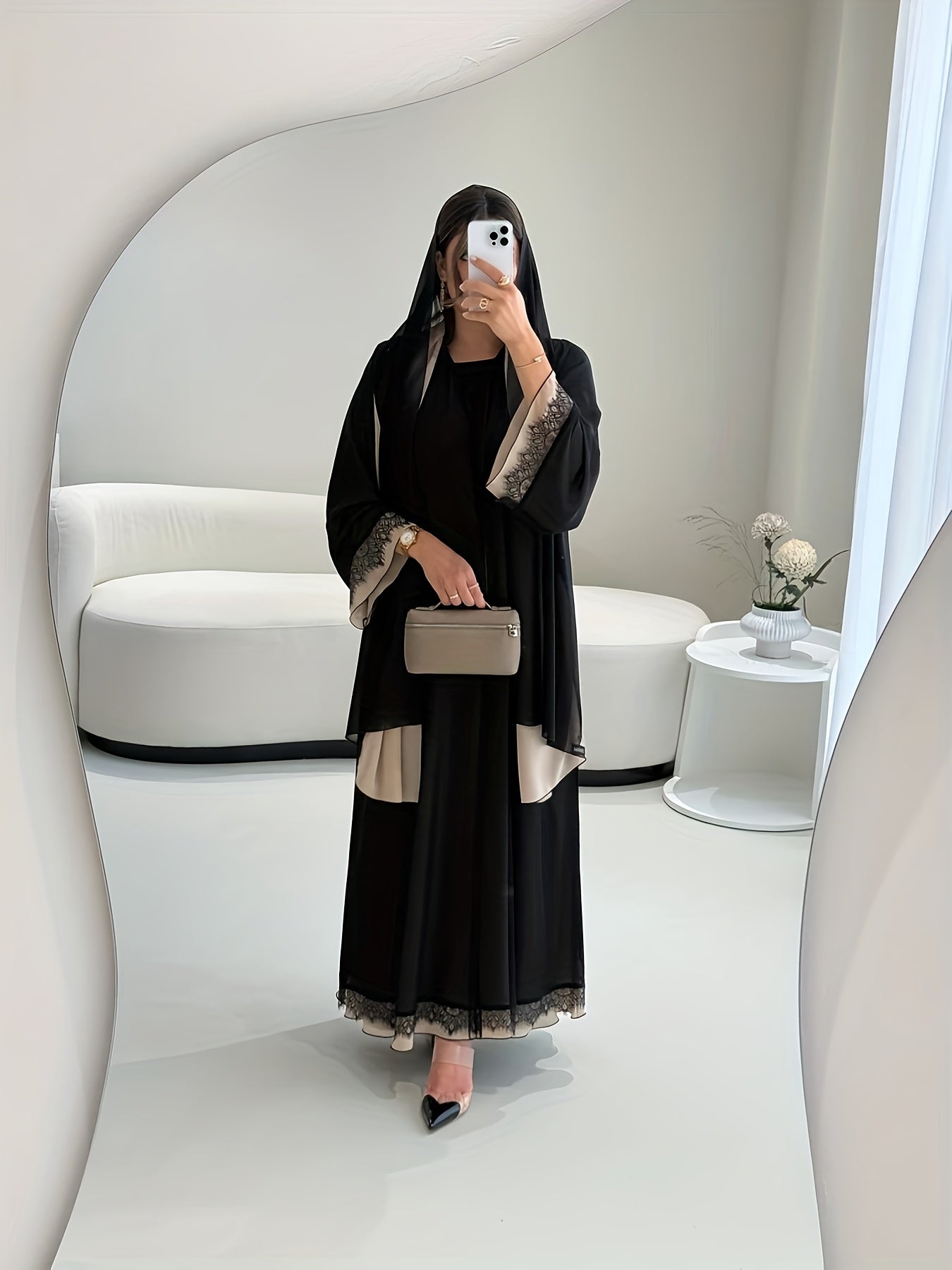 3pcs Middle Eastern Traditional Abaya & Hijab Set - Elegant Long Sleeve Muslim Prayer Robes with Lace Trim, All-Season Wear, Loose Flowing Hem, Solid Black & White