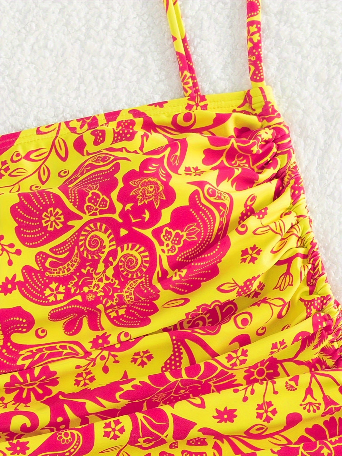 1pc Women'S Floral Print One-Piece Swimsuit with Drawstring Side - Vibrant Yellow & Pink Floral Design, High-Stretch Fabric, Perfect for Beach & Poolside, Beach Swimwear | Floral Swimwear | Highelasticity Fabric