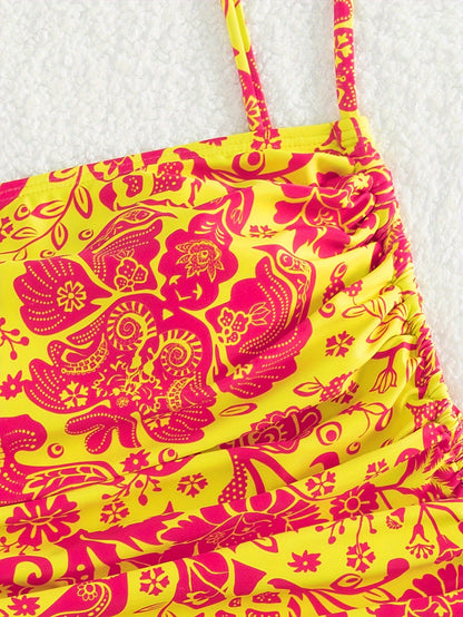 1pc Women'S Floral Print One-Piece Swimsuit with Drawstring Side - Vibrant Yellow & Pink Floral Design, High-Stretch Fabric, Perfect for Beach & Poolside, Beach Swimwear | Floral Swimwear | Highelasticity Fabric