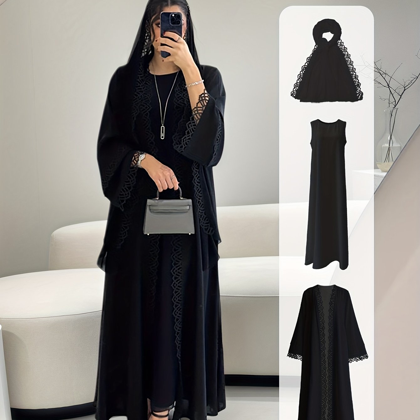 2pcs Elegant Traditional Abaya with Lace Trim and Sleeveless Vest Skirt Set, Headscarf, Long Sleeve, Solid Color, All-Season Wear, No Belt, for Ramadan, Cultural Attire|Elegant Abaya|Lace Trim Abaya, Gulf Abaya For Women Eleg