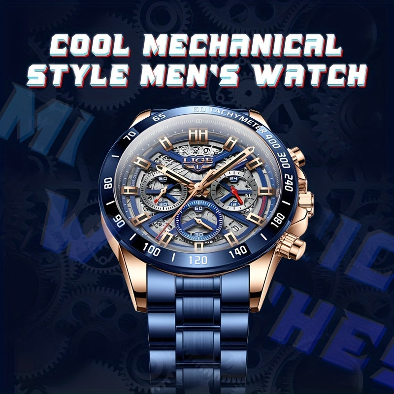 LIGE Watch For Men Top Brand Luxury Men Watch Fashion Business Sports Quartz Chronograph Wristwatches Hollowed Out Chronograph Watch