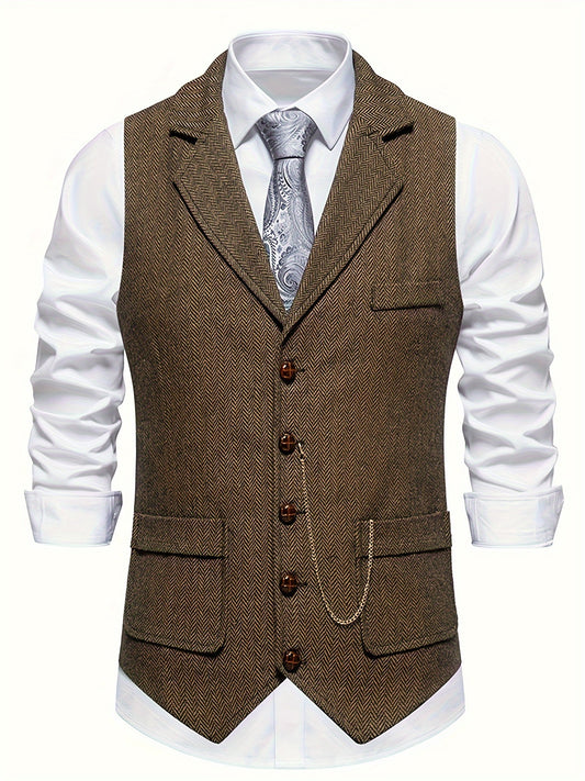 Men's Retro Herringbone Single Breasted Dress Waistcoat, Elegant Lapel Vest For Business Banquet Wedding