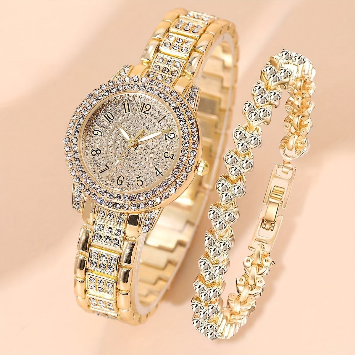 2pcs Luxurious Womens Rhinestone Bracelet Watches - Dazzling Golden Quartz Timepieces with Fashion-forward Design - Perfect Stylish Bling Dress Watches for Special Occasions & Xmas Gifts