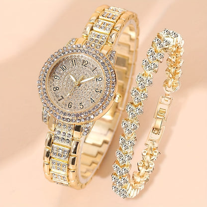 2pcs Luxurious Womens Rhinestone Bracelet Watches - Dazzling Golden Quartz Timepieces with Fashion-forward Design - Perfect Stylish Bling Dress Watches for Special Occasions & Xmas Gifts