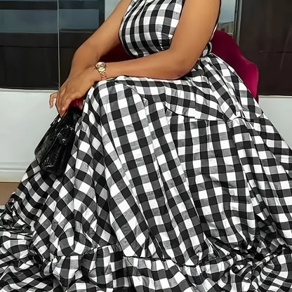 2025 New Summer Elegant Plaid Dress, Sleeveless Round Neck High Waist Multi-Layer Skirt, and Graceful, Casual Summer Wear for Vacation and Dates