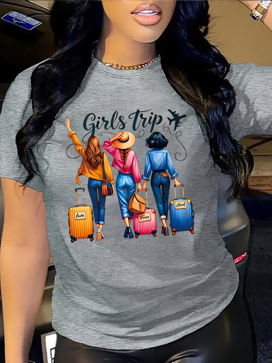 Women'S Casual " Trip" Graphic T-Shirt - Short Sleeve, Round Neck, Summer Travel-Themed Design with Suitcases & Hats, Casual Wear|Playful Print|Comfortable Fit