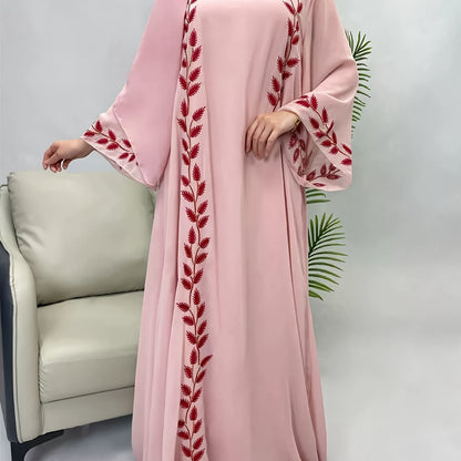 2pcs set of Middle Eastern clothing, fashionable street style, pink round collar embroidered long robe + headscarf