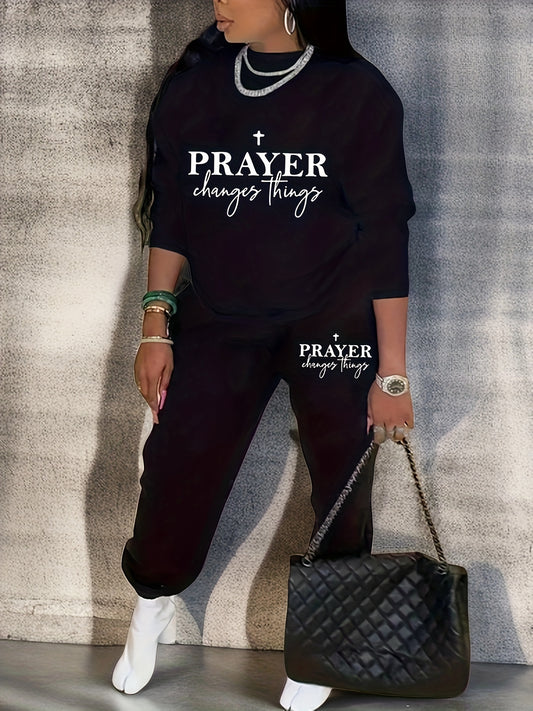 Plus Size Casual Outfits Set, Women's Plus Cross & Slogan Print Liner Fleece Long Sleeve Round Neck Sweatshirt & Jogger Sweatpants Outfits Two Piece Set