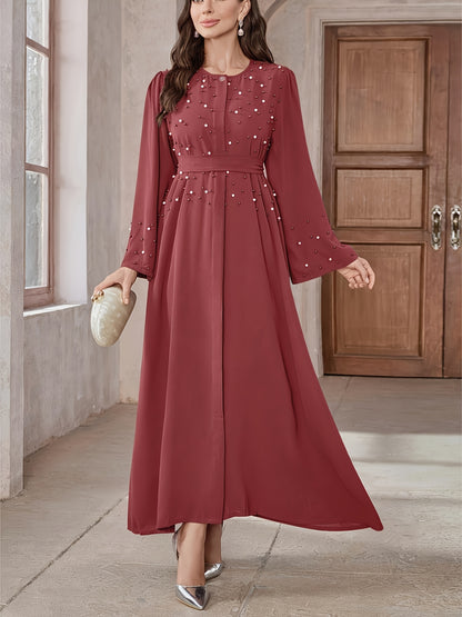 Elegant Navy Blue Abaya with Pearl Embellishments and Belt - Long Sleeve, Floor-Length Dress for Women, Perfect for Formal Occasions, Formal Attire|Elegant Abaya|Pearl Embellishments