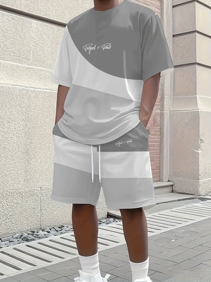 1 set of 2pcs 3D letter print stylish three-color Men's summer fresh T-shirt and shorts set, made from stretchy polyester knit fabric, regular fit, suitable for outdoor activities and family gatherings