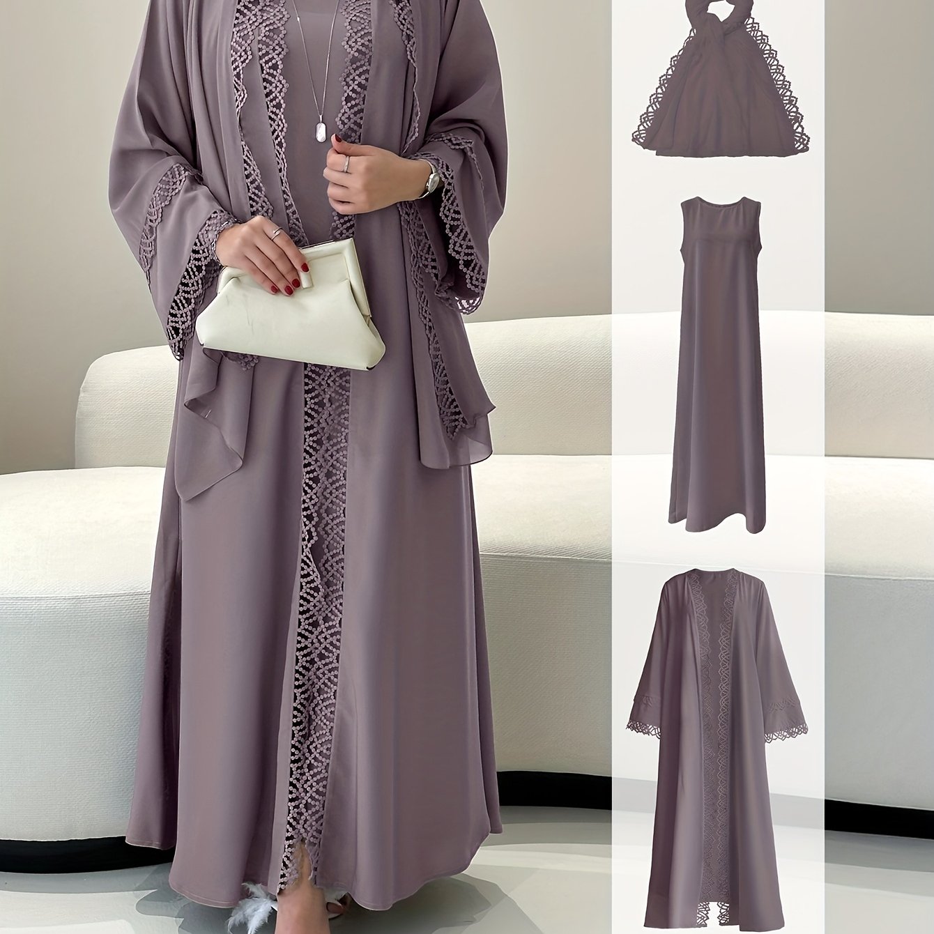 2pcs Elegant Traditional Abaya with Lace Trim and Sleeveless Vest Skirt Set, Headscarf, Long Sleeve, Solid Color, All-Season Wear, No Belt, for Ramadan, Cultural Attire|Elegant Abaya|Lace Trim Abaya, Gulf Abaya For Women Eleg