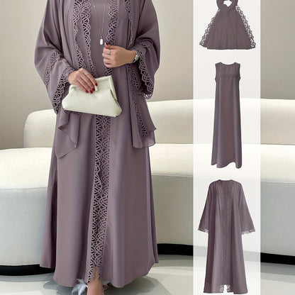 2pcs Elegant Traditional Abaya with Lace Trim and Sleeveless Vest Skirt Set, Headscarf, Long Sleeve, Solid Color, All-Season Wear, No Belt, for Ramadan, Cultural Attire|Elegant Abaya|Lace Trim Abaya, Gulf Abaya For Women Eleg