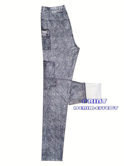 【imitation denim】[imitation Faux Denim][Faux Denim Print/Imitation Faux Denim] Women'S Non-Cow Faux Denim-Like Leggings - Stretchy Skinny Pants with Elastic Waistband, All-Season Tight Fit for Casual, Formal, Everyday Out