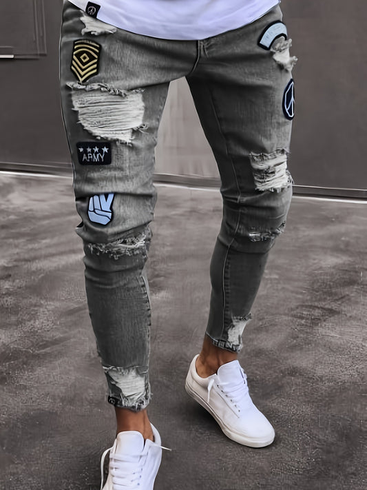 Men's Hip-Hop Style Slim Fit Stretch Denim Jeans with Distressed Details, Ripped Badge Accents - Mid-Rise, Raw Hem, Machine Washable, Grey