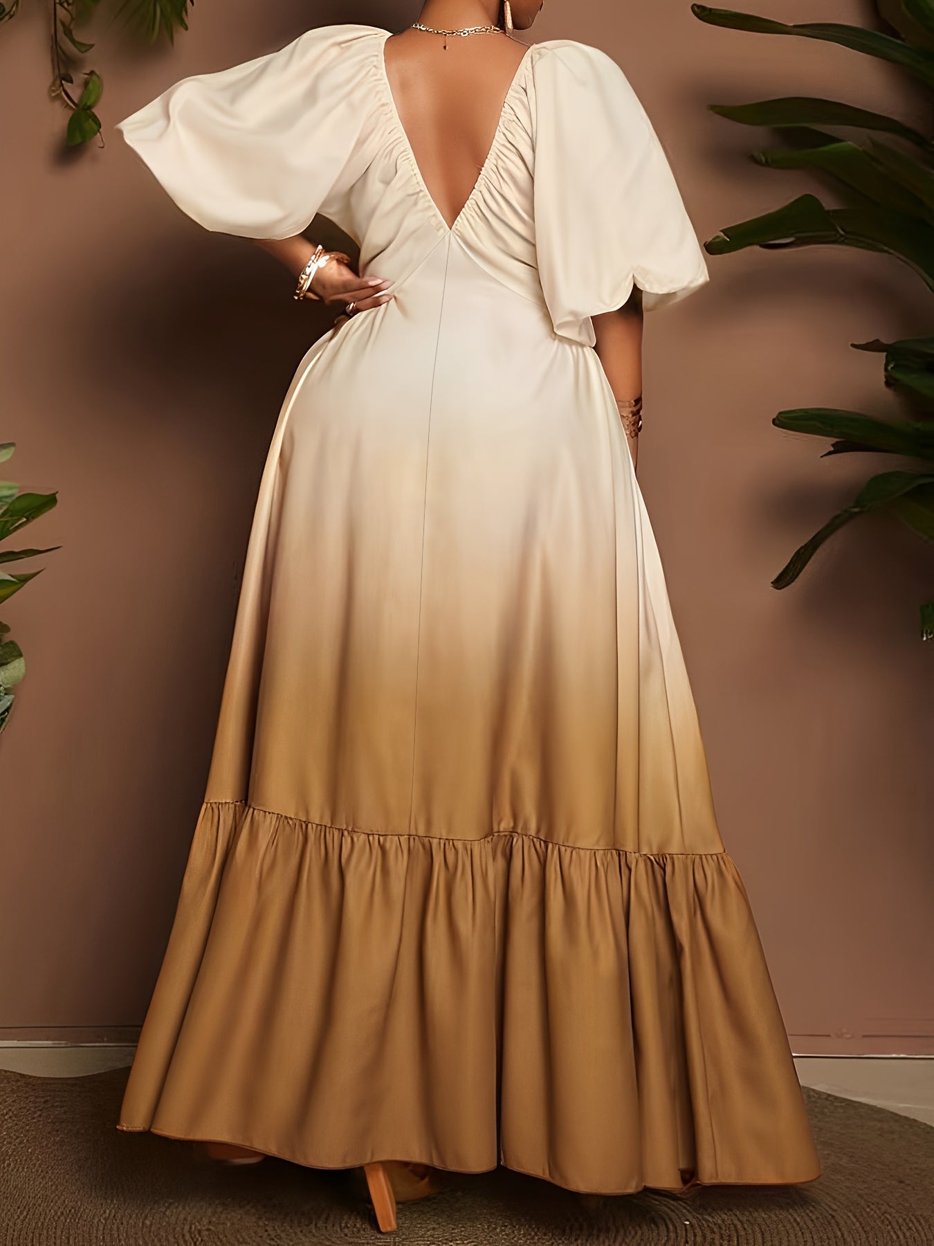 [Elegant Maxi Dress] Elegant Gradient Maxi Dress | Women's Deep V-Neck Lantern Sleeve A-Line Loose Fit with Zipper Back, Machine Washable for Vacation, Beach, Formal & Casual Occasions