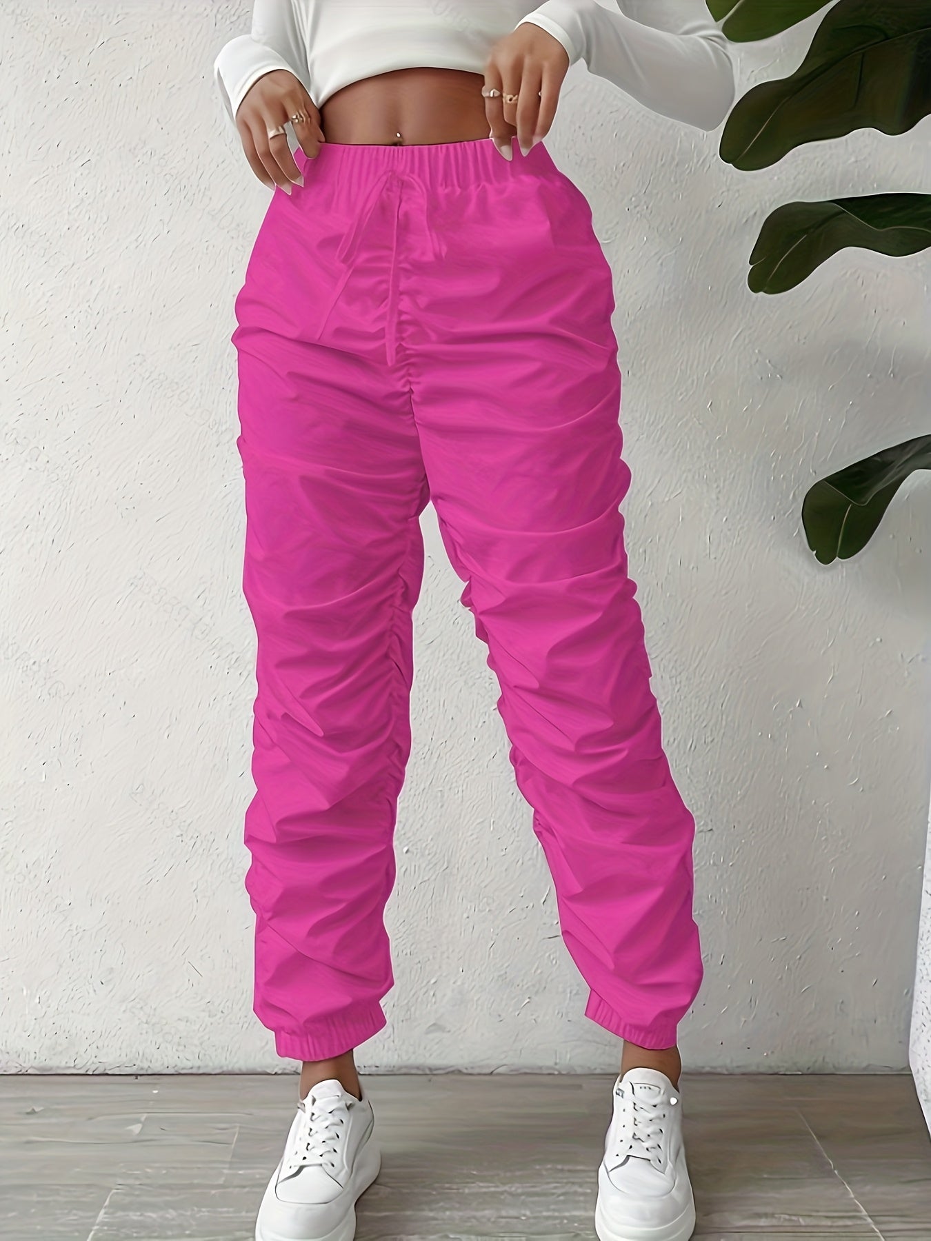 Elegant Full-Length Wrinkle/pleated Hem Pants - Solid Color Smooth Non-Stretch Leg for Dress Pants, Spring/Summer Casual & Dress Wear, Machine Washable Regular Fit Trousers