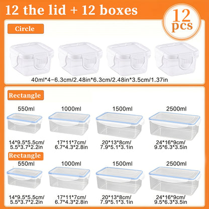 12pcs/24pcs Storage Containers, Five Sizes, Reusable Sealed Lid PP Material Snap-On Organizer Boxes for Fruits, Vegetables, Salads, Pasta, Meat, Bento, Lunch