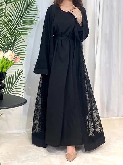 Elegant Black Lace Abaya with Contrast Lace Trim - Long Sleeve, Floor-Length, Belted, All-Season Wear, Traditional Middle Eastern Attire for Women, Cultural Attire|Elegant Abaya|Lace Trim Abaya