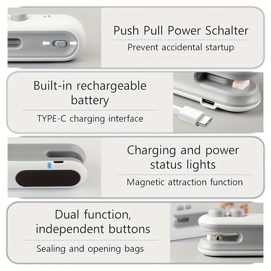 1 Portable Handheld Snack Bag Sealer with Built-in Lithium Battery | Mini Sealer for Picnics and Outings, Magnetic, Includes Charging Cable, 16W Power, Ideal for Chip Bags, Cookie Bags, Reusable Snack Packaging