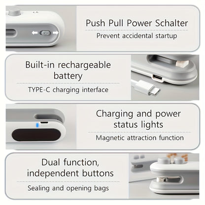 1 Portable Handheld Snack Bag Sealer with Built-in Lithium Battery | Mini Sealer for Picnics and Outings, Magnetic, Includes Charging Cable, 16W Power, Ideal for Chip Bags, Cookie Bags, Reusable Snack Packaging