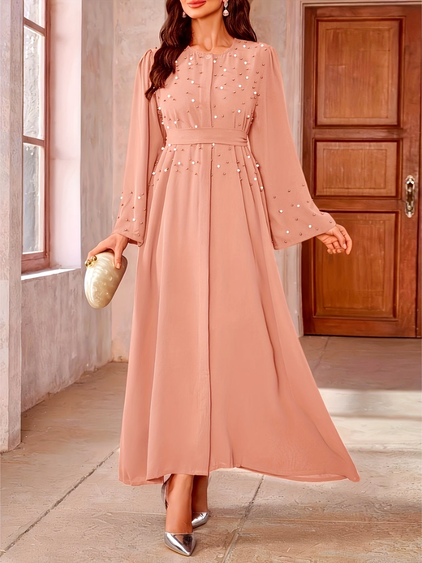 Elegant Navy Blue Abaya with Pearl Embellishments and Belt - Long Sleeve, Floor-Length Dress for Women, Perfect for Formal Occasions, Formal Attire|Elegant Abaya|Pearl Embellishments